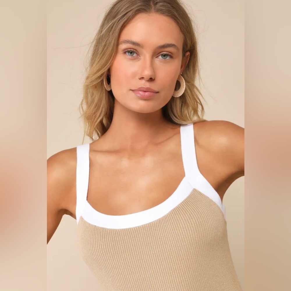 Tan Ribbed Color Block Mini Sweater Dress - Picture 4 of 4